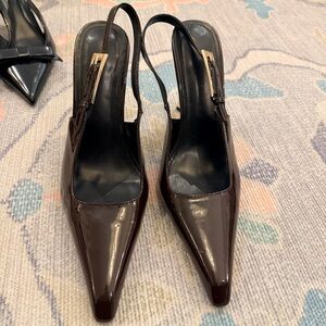 Fendi-inspired Patent Pointed-Toe Slingback Heels in Dark Brown